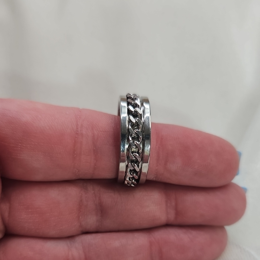 Men's Stainless Steel Silver Chain Spinner Fidget Ring Unisex NWOT Size 12